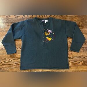 Vintage Disney Winnie the Pooh Embroidered Henley Crewneck Sweatshirt in Green